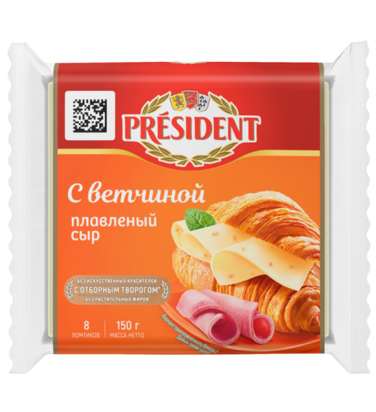 Сыр плавленый С ветчиной 40% President, 150 г