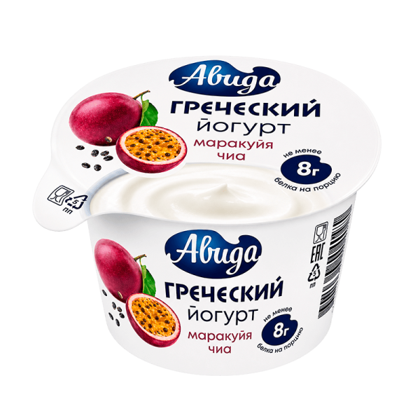 Йогурт Греческий маракуйя-чиа с повышенным содержанием белка Авида 1.5%, 140 г