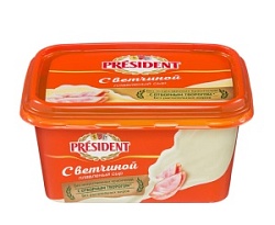 Сыр плавленный "С ветчиной" President 45%, 400 г